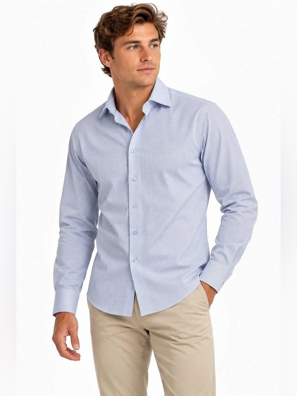 Lorenzo Uomo Trim Fit Blue Micro Check Dress Shirt 15 (34/35)